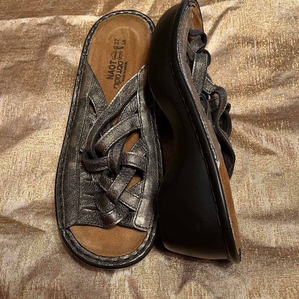 Naot Metallic Black Woven Mules